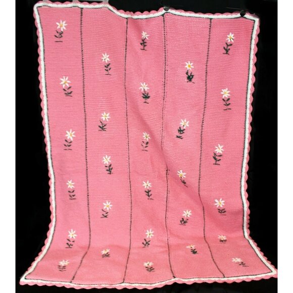 Hand Crochet Pink White Flower Pattern Green Blanket Throw Afghan Over Sized - Picture 9 of 12